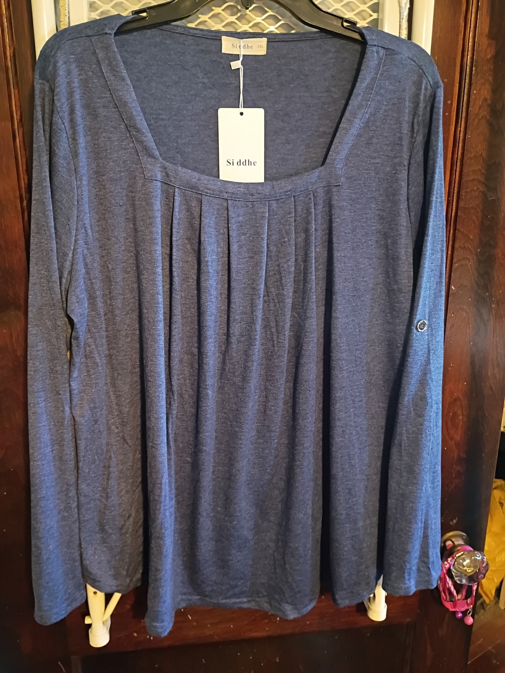 Blue Pleated Scoop-Neck Long Sleeve Tee